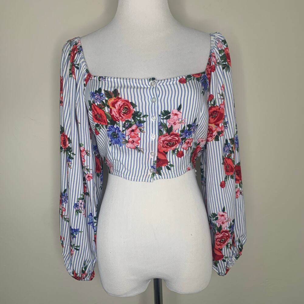 Blue Stripe Red Floral Crop Top Long Sleeve Small